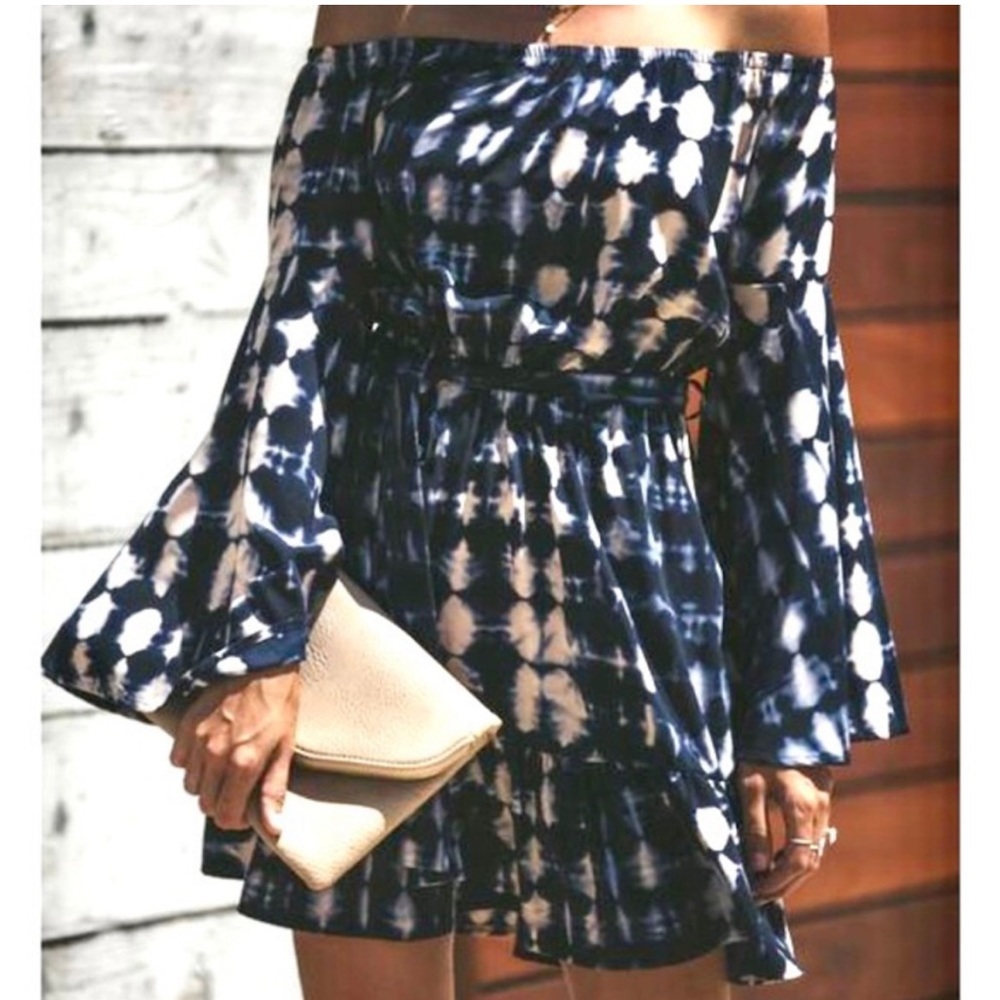 Vici Dyed Off Shoulder Bell Sleeve Mini Dress